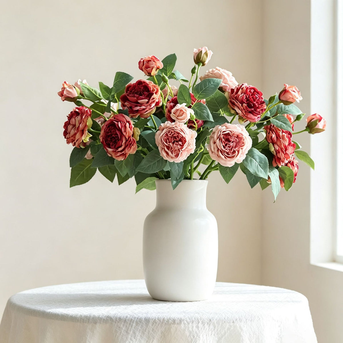 Artificial Silk Roses Bush, 3 Blooms, 21" Tall, Realistic Faux Flower Arrangement for Home Decor, Table Centerpieces, Wedding Decor