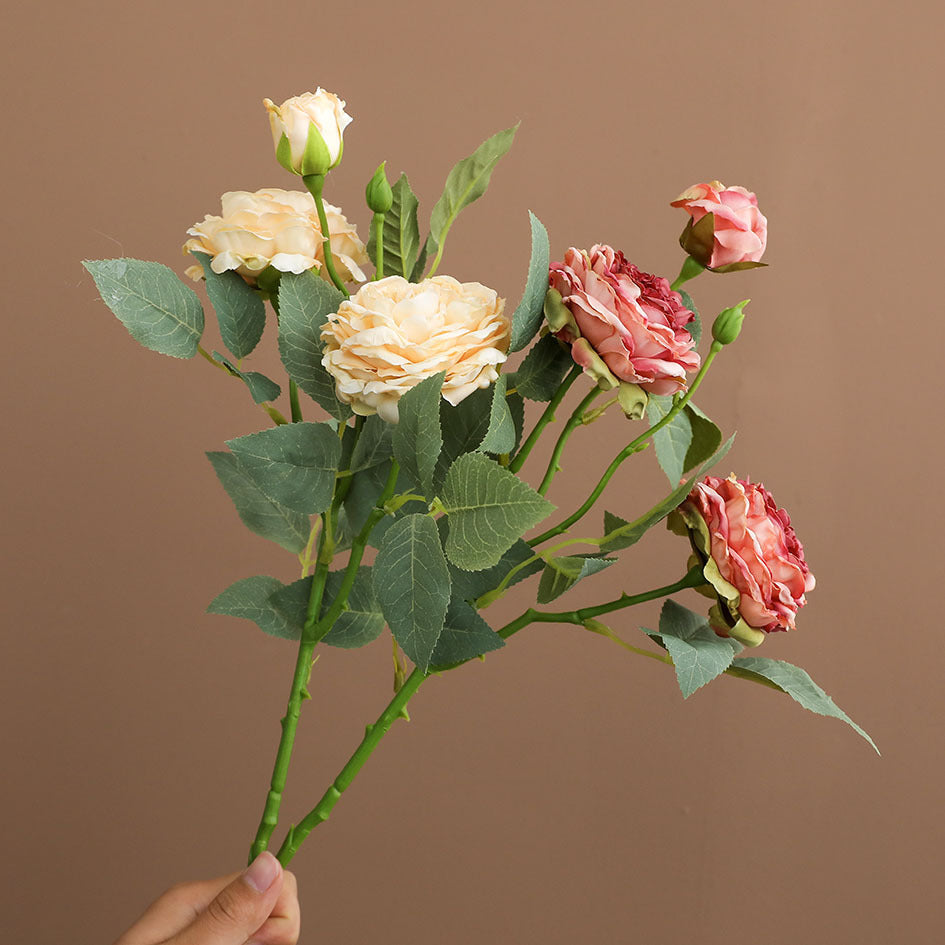 Artificial Silk Roses Bush, 3 Blooms, 21" Tall, Realistic Faux Flower Arrangement for Home Decor, Table Centerpieces, Wedding Decor
