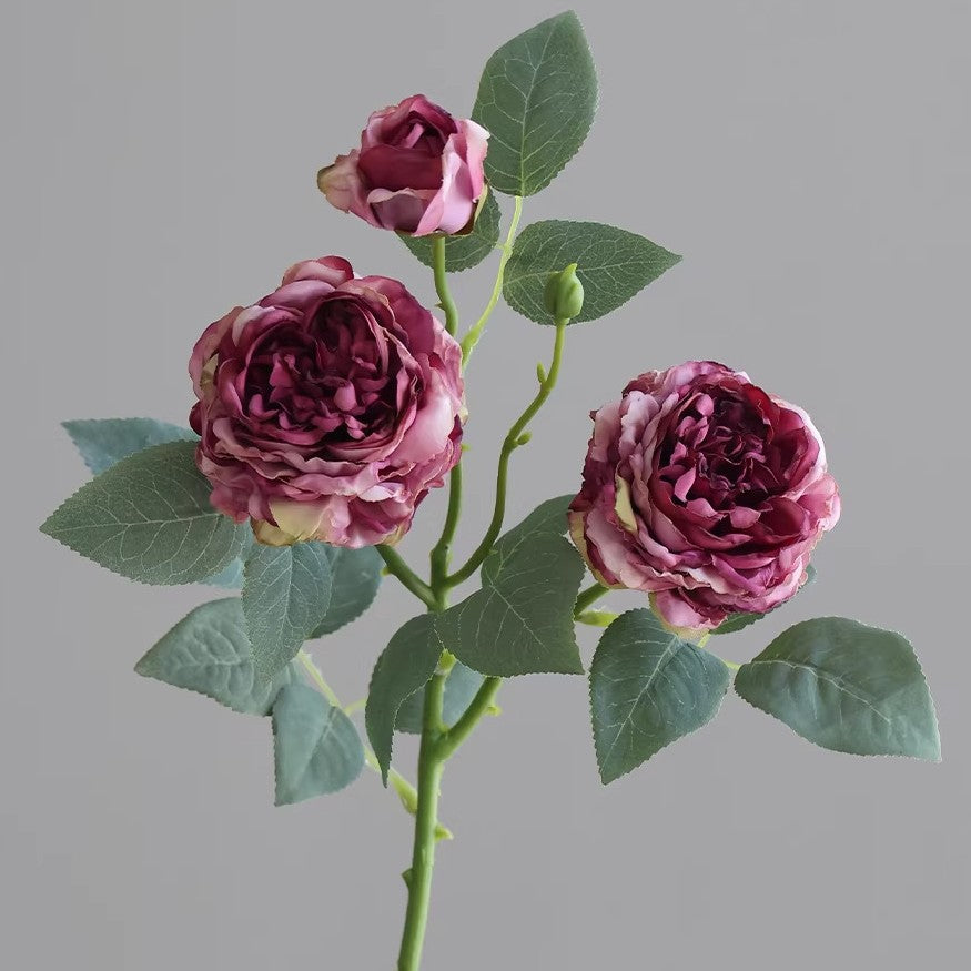 Artificial Silk Roses Bush, 3 Blooms, 21" Tall, Realistic Faux Flower Arrangement for Home Decor, Table Centerpieces, Wedding Decor