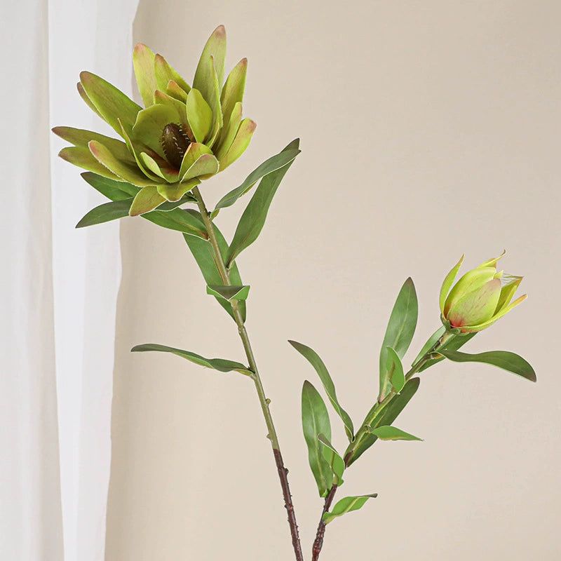 Luxury Single Stem Artificial King Protea Flower, 28" Height, Silk Material, 2 Blooms, Home & Hotel Decor, White/Green/Yellow/Pink