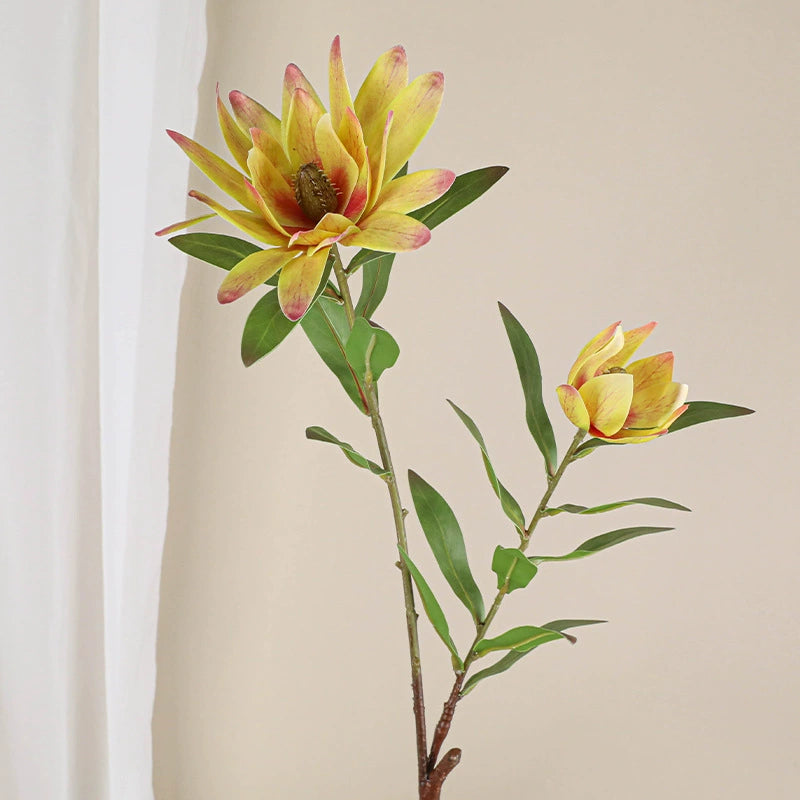 Luxury Single Stem Artificial King Protea Flower, 28" Height, Silk Material, 2 Blooms, Home & Hotel Decor, White/Green/Yellow/Pink