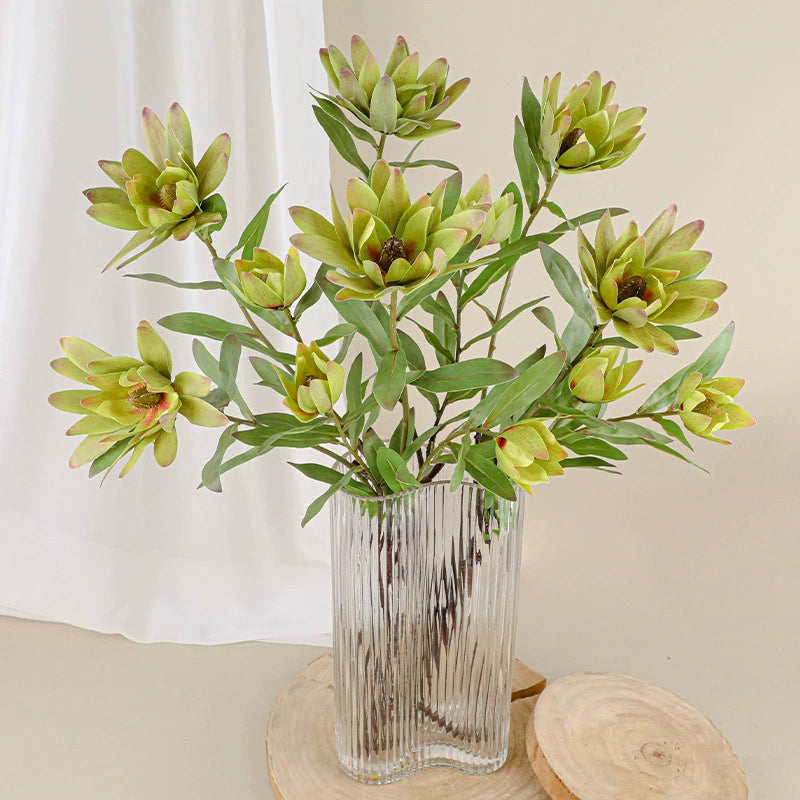 Luxury Single Stem Artificial King Protea Flower, 28" Height, Silk Material, 2 Blooms, Home & Hotel Decor, White/Green/Yellow/Pink