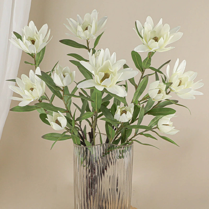 Luxury Single Stem Artificial King Protea Flower, 28" Height, Silk Material, 2 Blooms, Home & Hotel Decor, White/Green/Yellow/Pink