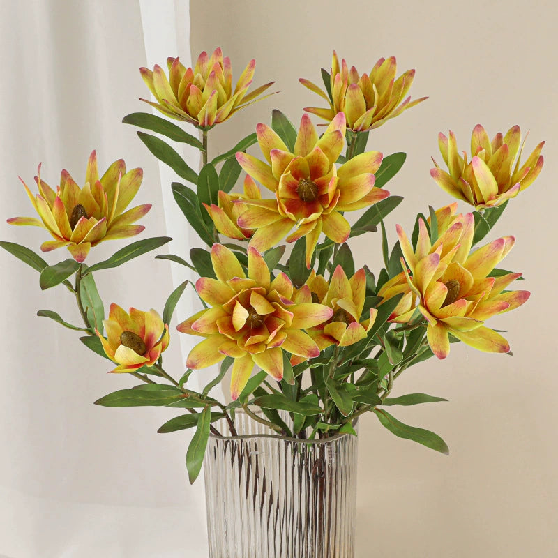 Luxury Single Stem Artificial King Protea Flower, 28" Height, Silk Material, 2 Blooms, Home & Hotel Decor, White/Green/Yellow/Pink
