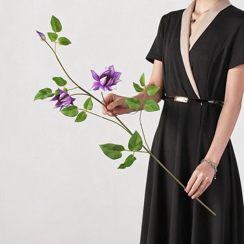 Artificial Clematis Leaf Stem, 35" Tall, Silk Floral Single Stem with 3 Blooms, Perfect for Home Decor, Hotel Displays, and Window Styling