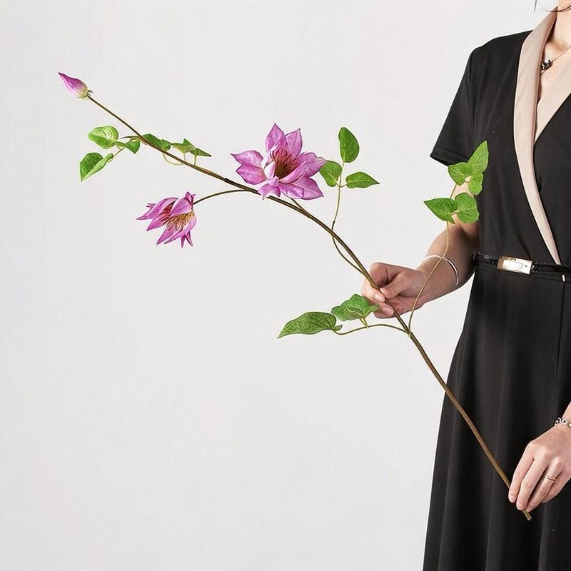 Artificial Clematis Leaf Stem, 35" Tall, Silk Floral Single Stem with 3 Blooms, Perfect for Home Decor, Hotel Displays, and Window Styling