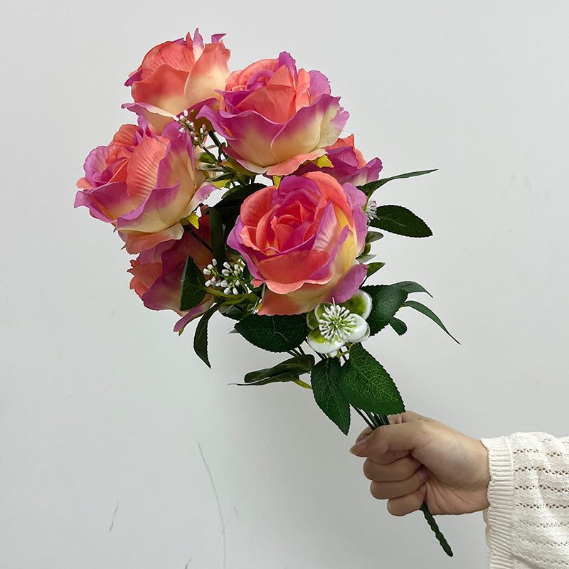 Artificial Silk Rose Stem, Single Stem with 7 Blooms, 17" Tall, Realistic Wedding & Home Decor Faux Flowers