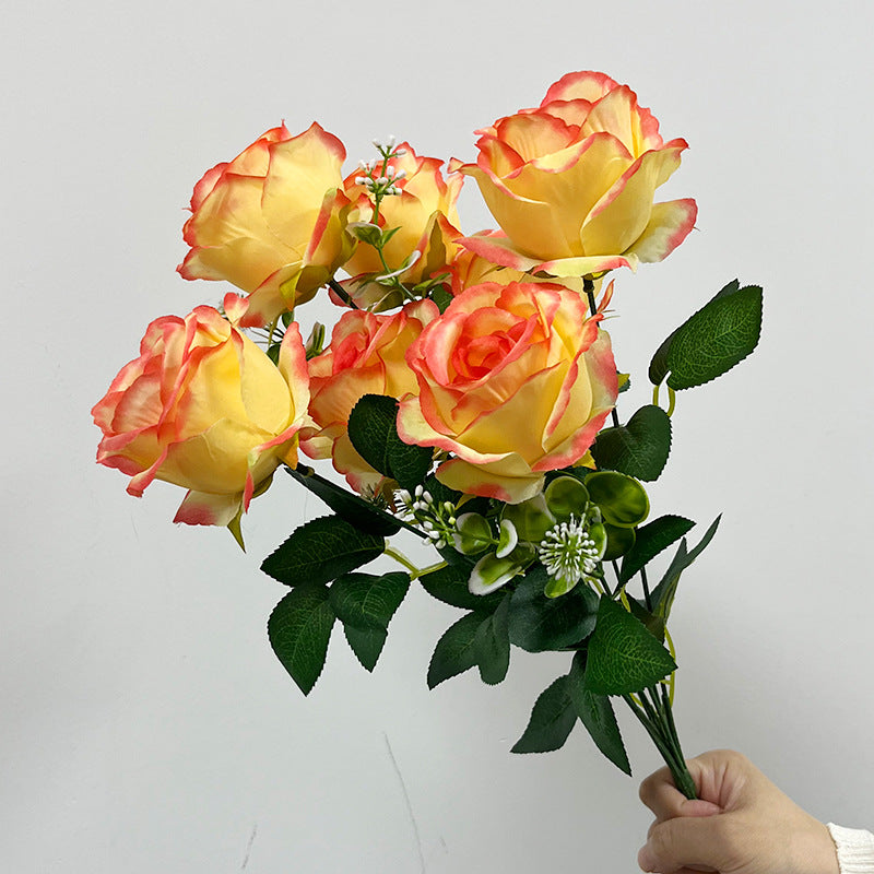 Artificial Silk Rose Stem, Single Stem with 7 Blooms, 17" Tall, Realistic Wedding & Home Decor Faux Flowers