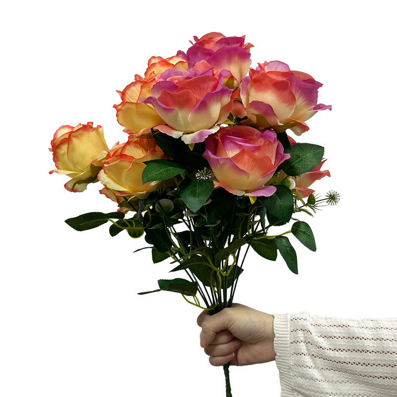 Artificial Silk Rose Stem, Single Stem with 7 Blooms, 17" Tall, Realistic Wedding & Home Decor Faux Flowers