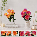 Artificial Silk Rose Stem, Single Stem with 7 Blooms, 17" Tall, Realistic Wedding & Home Decor Faux Flowers