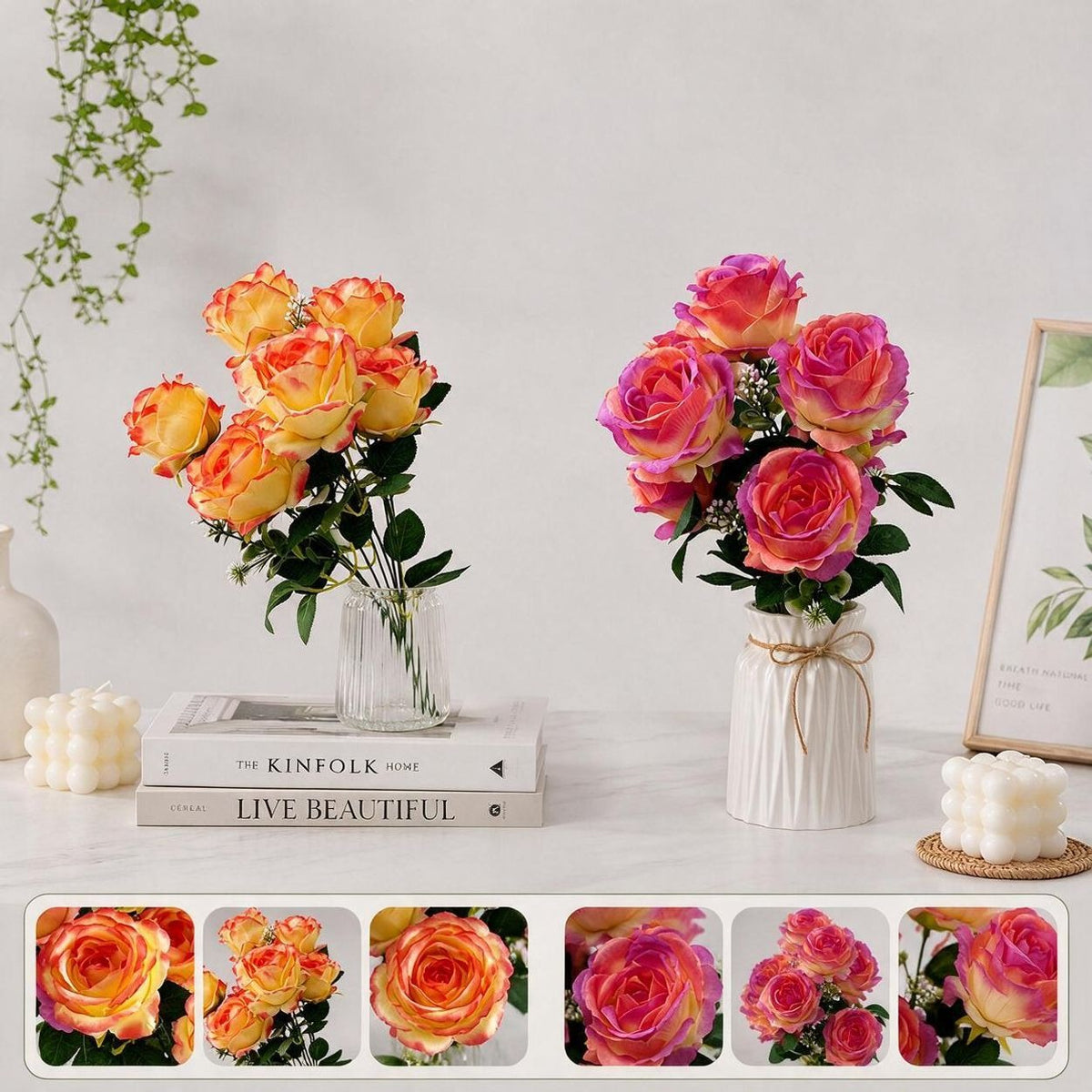 Artificial Silk Rose Stem, Single Stem with 7 Blooms, 17" Tall, Realistic Wedding & Home Decor Faux Flowers