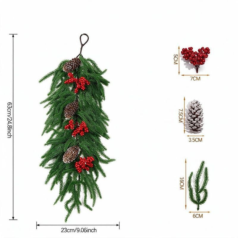 Artificial Christmas Pine Garland with Red Berries, 25" Holiday Wall Hanging, Indoor Festive Decor, Realistic Silk Floral Arrangement