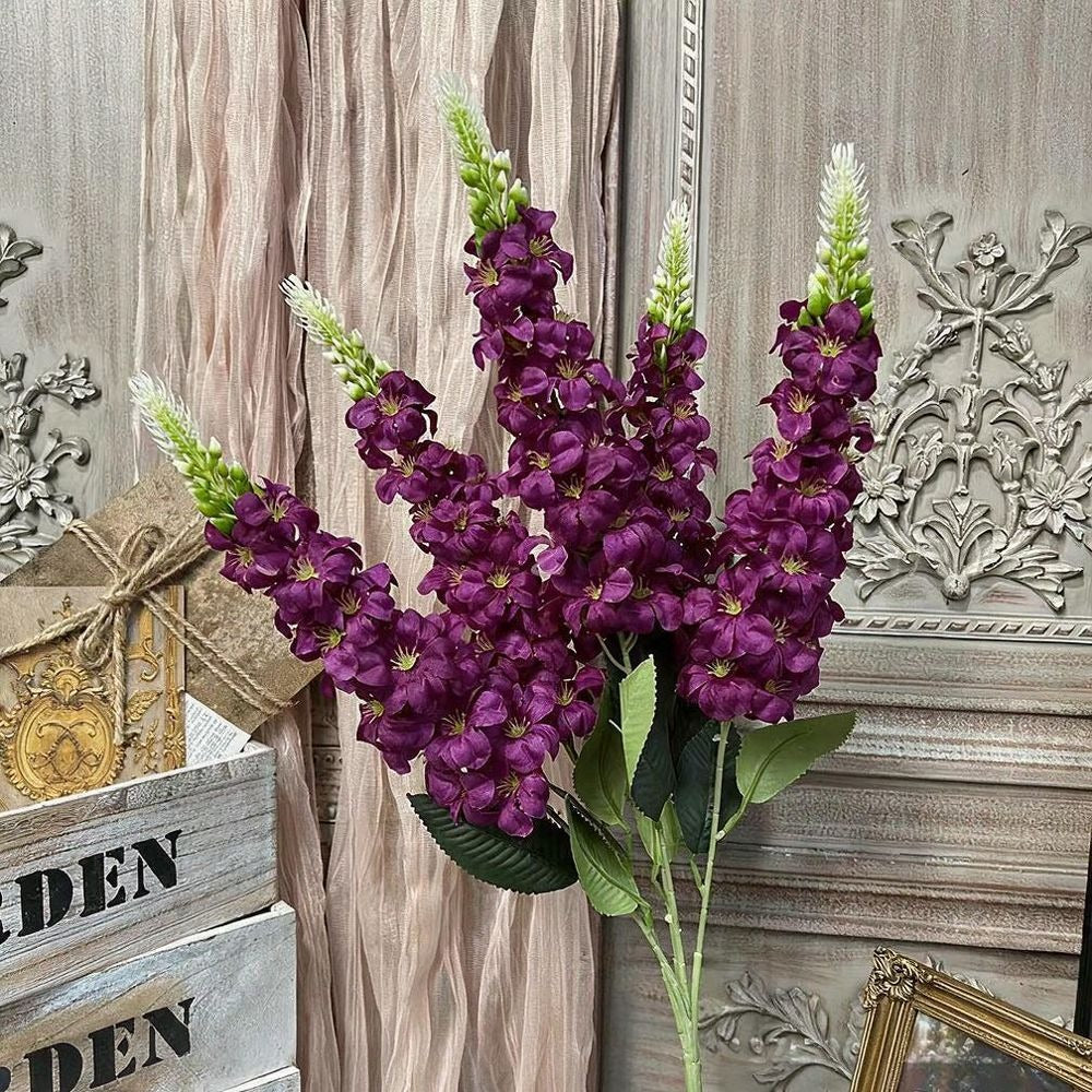 5-Bloom Artificial Golden Grass, Delphinium, Hyacinth, Violet Wedding Bouquet, 22" Silk Floral Arrangement for Indoor Decor, Photography Props