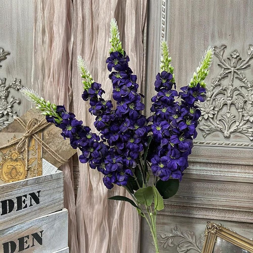 5-Bloom Artificial Golden Grass, Delphinium, Hyacinth, Violet Wedding Bouquet, 22" Silk Floral Arrangement for Indoor Decor, Photography Props