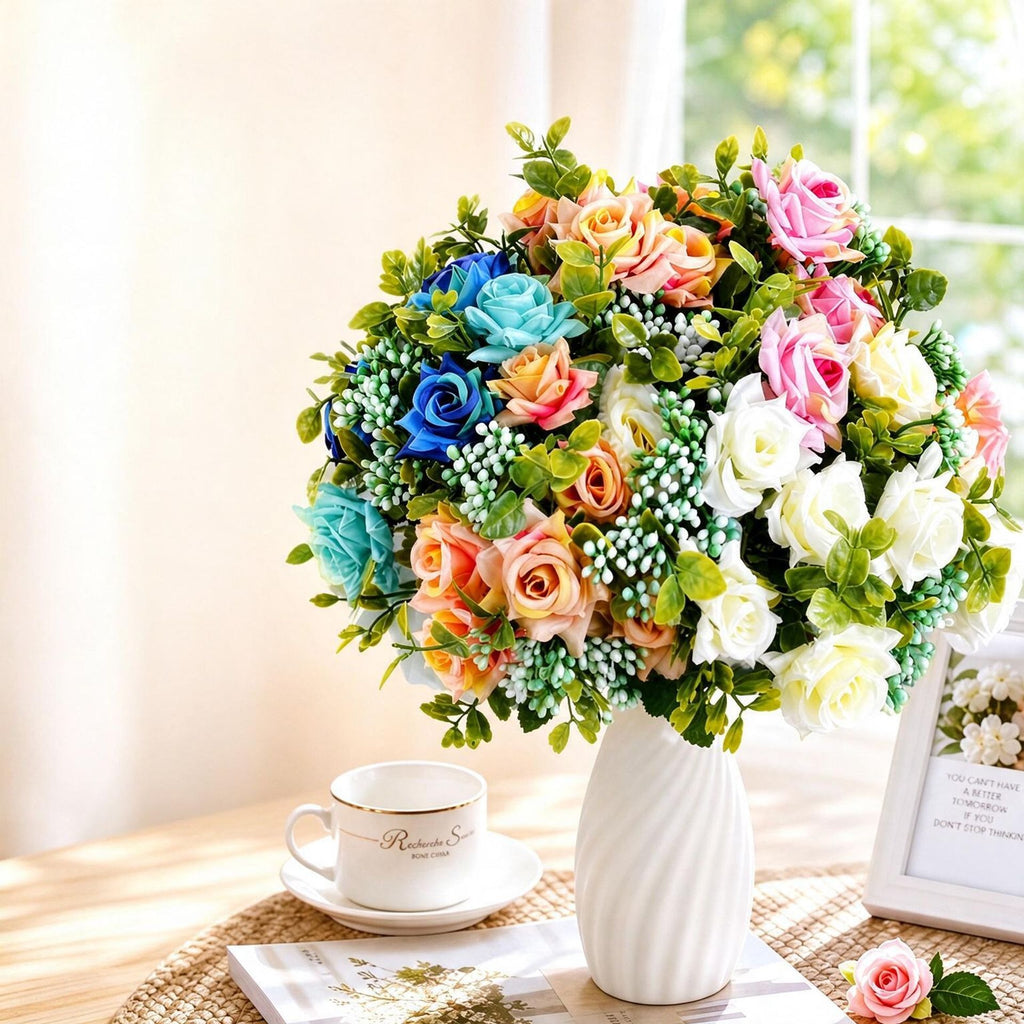 Mixed Rose Bush, 20" Silk Floral Arrangement, Modern Home Decor, Wedding Bouquet, Hotel Centerpiece