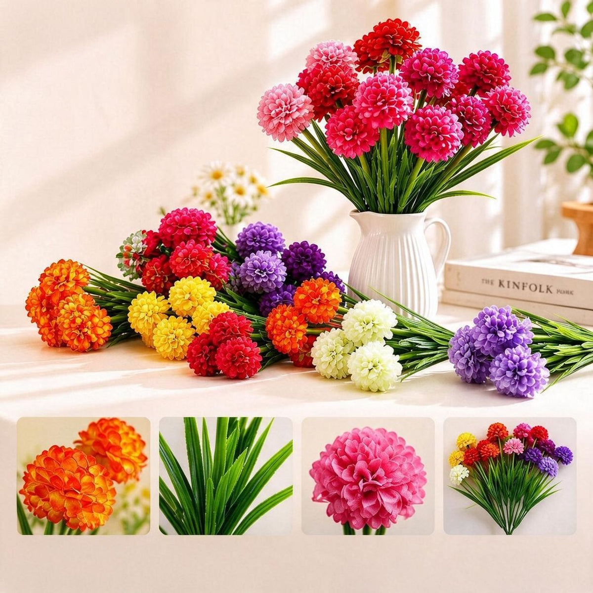 Artificial Chrysanthemum Bush, PU 6-Bloom Floral Arrangement, 18" Tall, Modern Home & Wedding Decor, Office & Event Styling