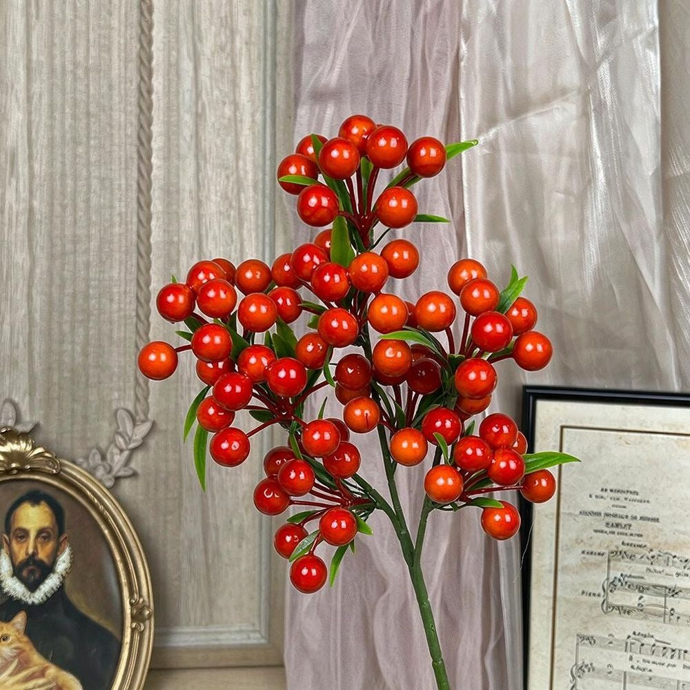 Artificial Lucky Berry Stems, 3-Prong Plastic Holiday Decor, 14" Tall, Christmas, Festive, Home, Office, Commercial Display