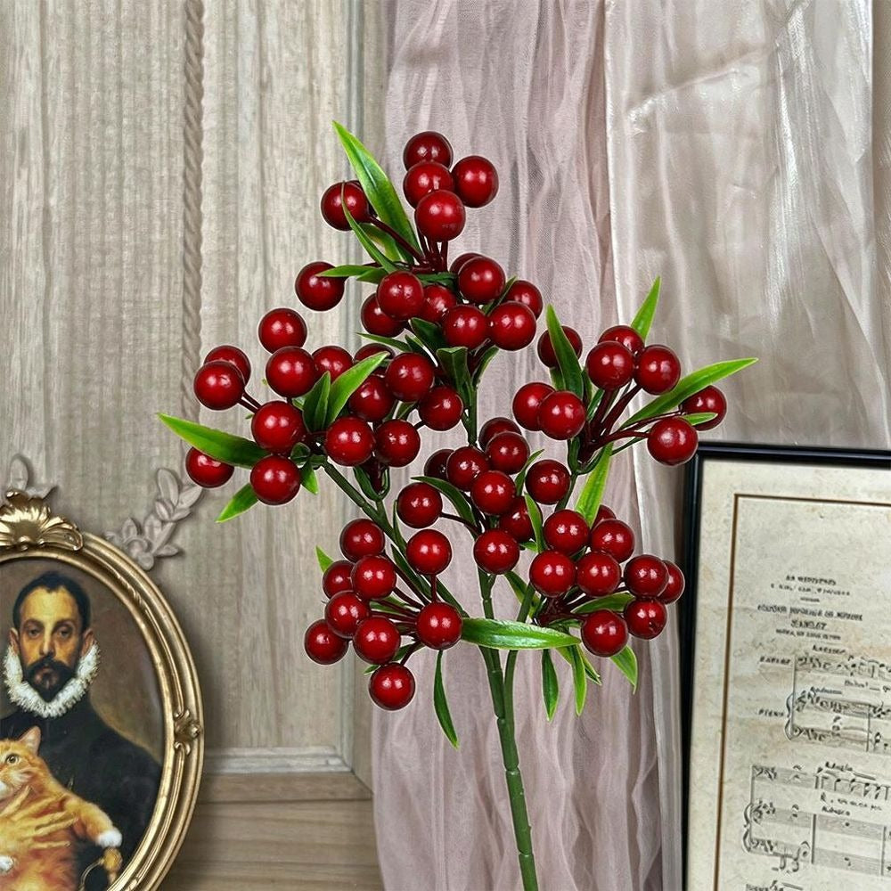 Artificial Lucky Berry Stems, 3-Prong Plastic Holiday Decor, 14" Tall, Christmas, Festive, Home, Office, Commercial Display