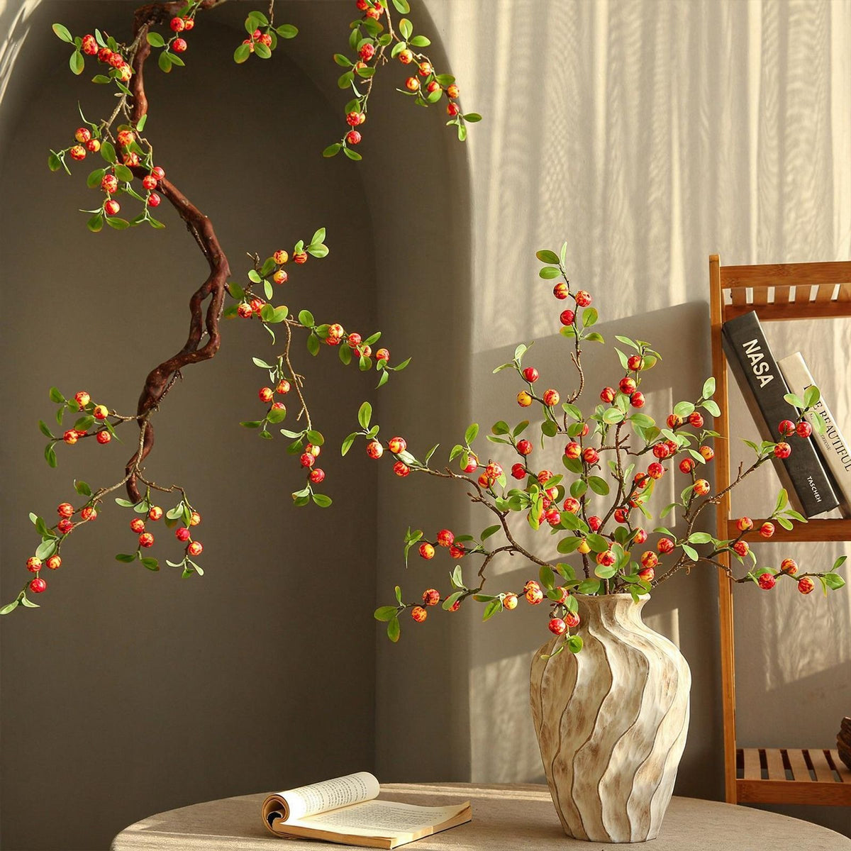 Artificial Mini Apple Bouquet, 18 Stems Faux Silk Fruit Decor, 25" Rustic Home & Hotel Decor, Table Centerpiece, Window Display