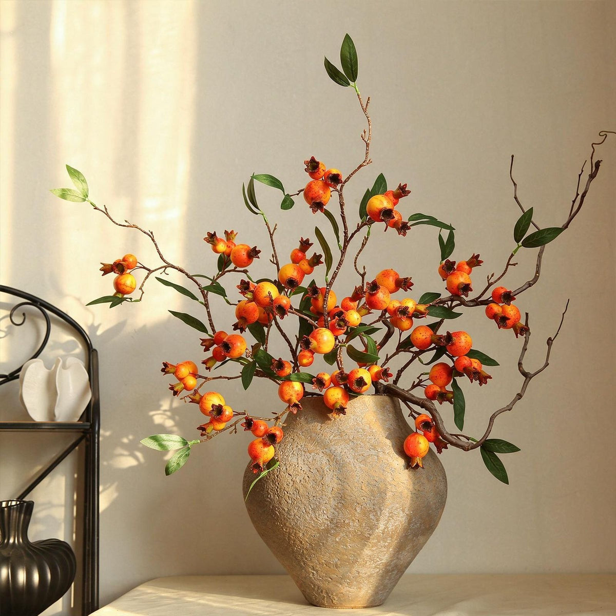 Artificial Pomegranate Bouquet, 15 Stems Silk Flower Arrangement for Home Decor, Hotel Display, Modern Farmhouse Style, 39" Tall