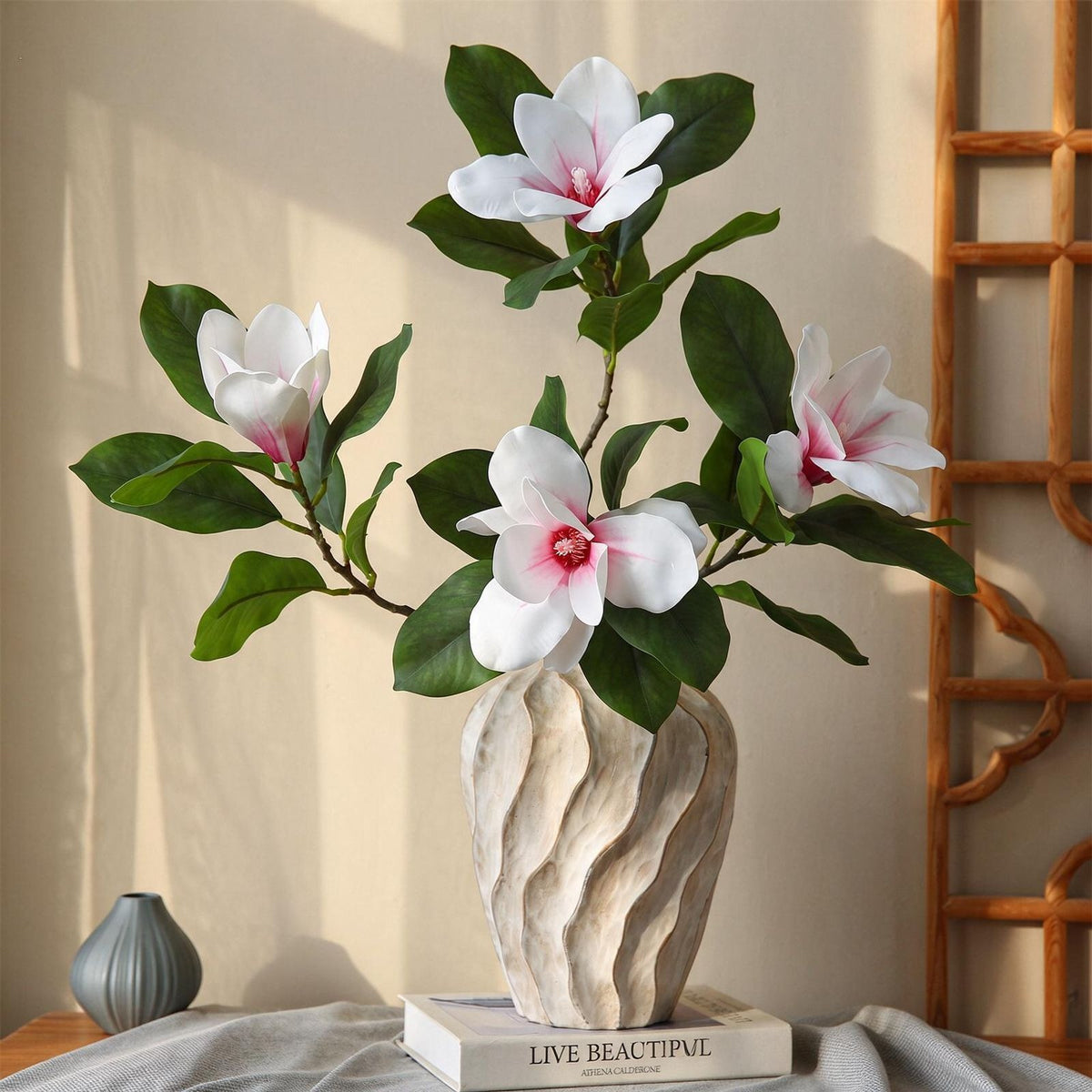Artificial Magnolia Stem, Single Stem with 4 Blooms, Real-Touch Latex, 39" Tall, White or Pink, Modern Home Decor, Hotel & Window Display