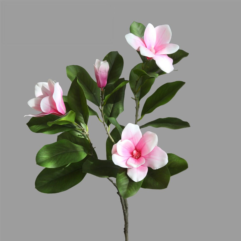 Artificial Magnolia Stem, Single Stem with 4 Blooms, Real-Touch Latex, 39" Tall, White or Pink, Modern Home Decor, Hotel & Window Display