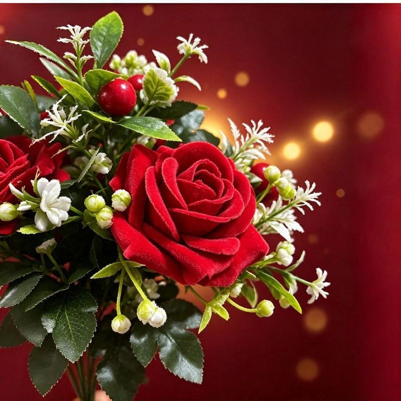 Artificial Poinsettia & Red Roses Christmas Floral Arrangement, 18" Silk Bush with 2 Blooms, Holiday Wedding Home Decor