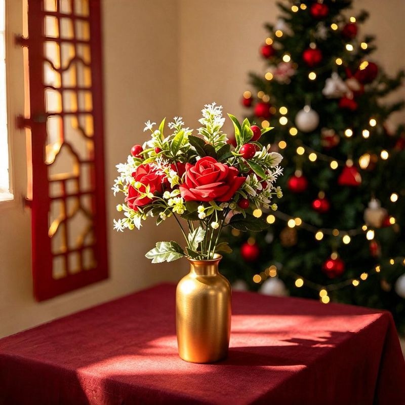 Artificial Poinsettia & Red Roses Christmas Floral Arrangement, 18" Silk Bush with 2 Blooms, Holiday Wedding Home Decor
