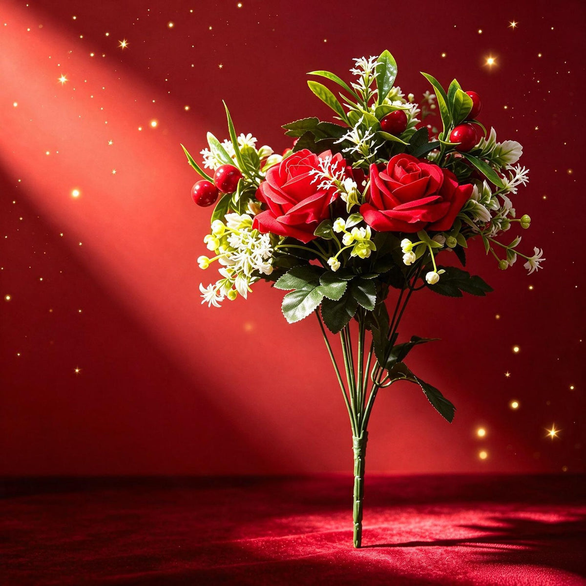 Artificial Poinsettia & Red Roses Christmas Floral Arrangement, 18" Silk Bush with 2 Blooms, Holiday Wedding Home Decor