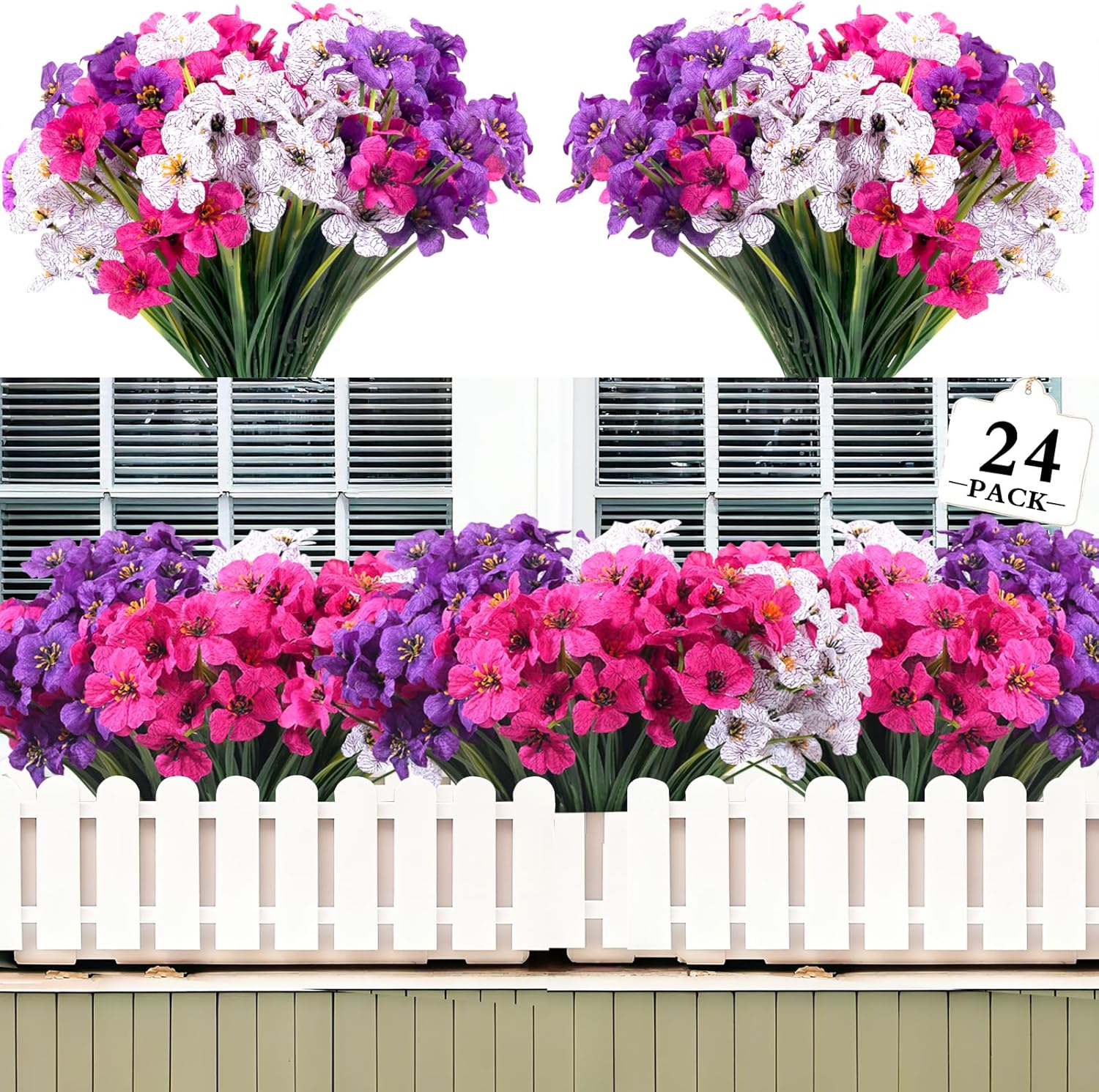 24 Bundles UV Resistant Artificial Flowers 35cm No Fade Fake Plants for Outdoor Garden, Porch & Hanging Planters