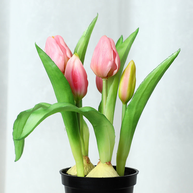 Lifelike Potted Artificial Tulips 26cm Real Touch Faux Flowers in Pot