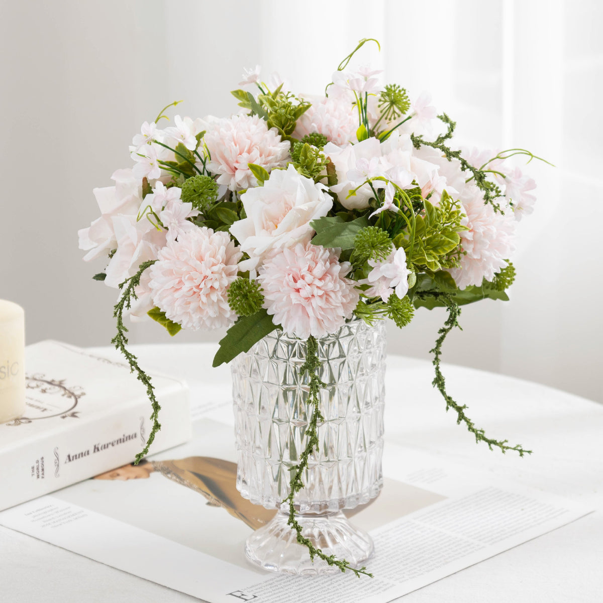 Artificial Rose & Chrysanthemum Bush, 11" Realistic Fake Flower Arrangement for Weddings, Home Decor, Centerpieces