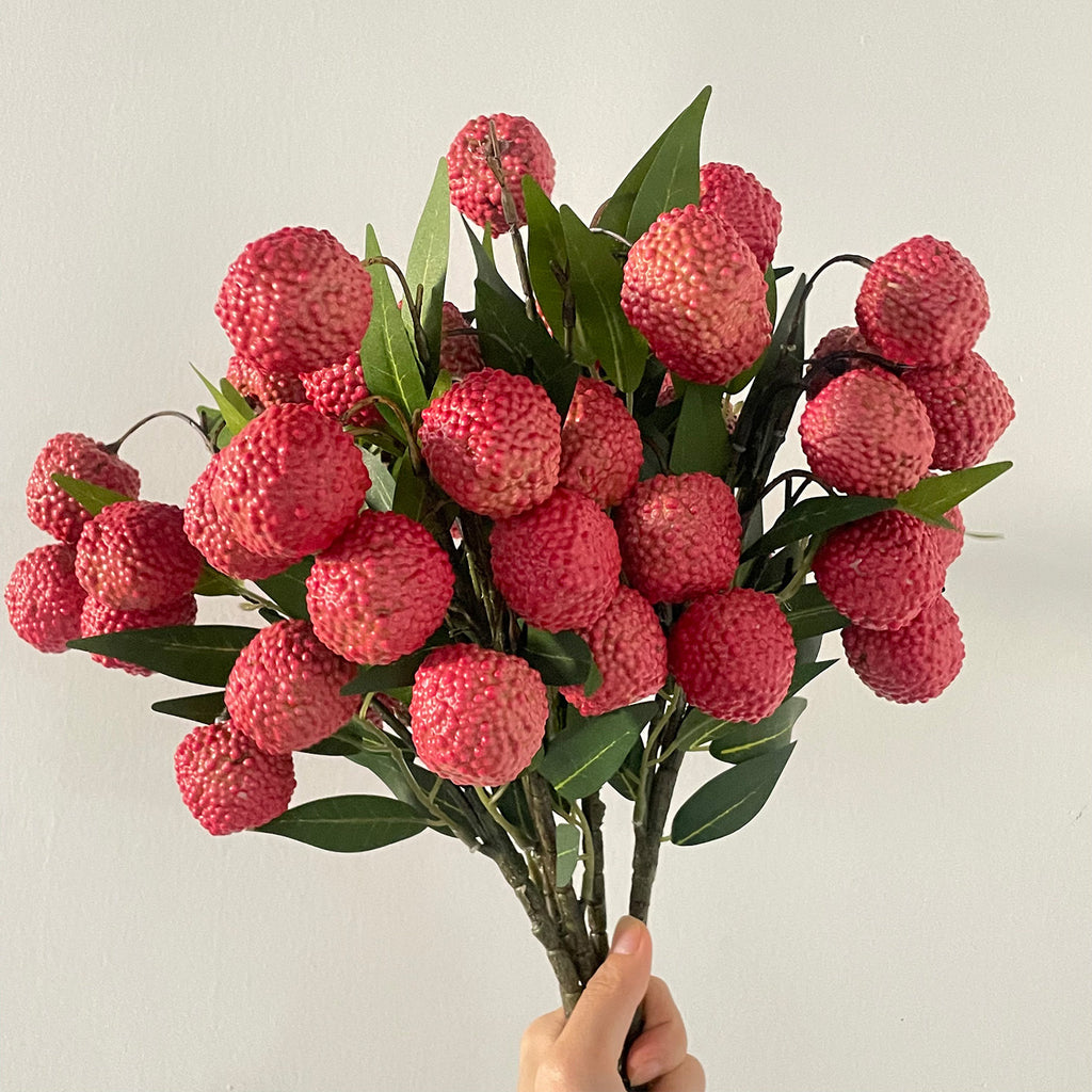 Artificial Litchi Fruit Branches, Faux Foam Lychee Decor, 18" Bush with 9 Fruits, Realistic Table Centerpiece for Home, Hotel & Holiday Displays