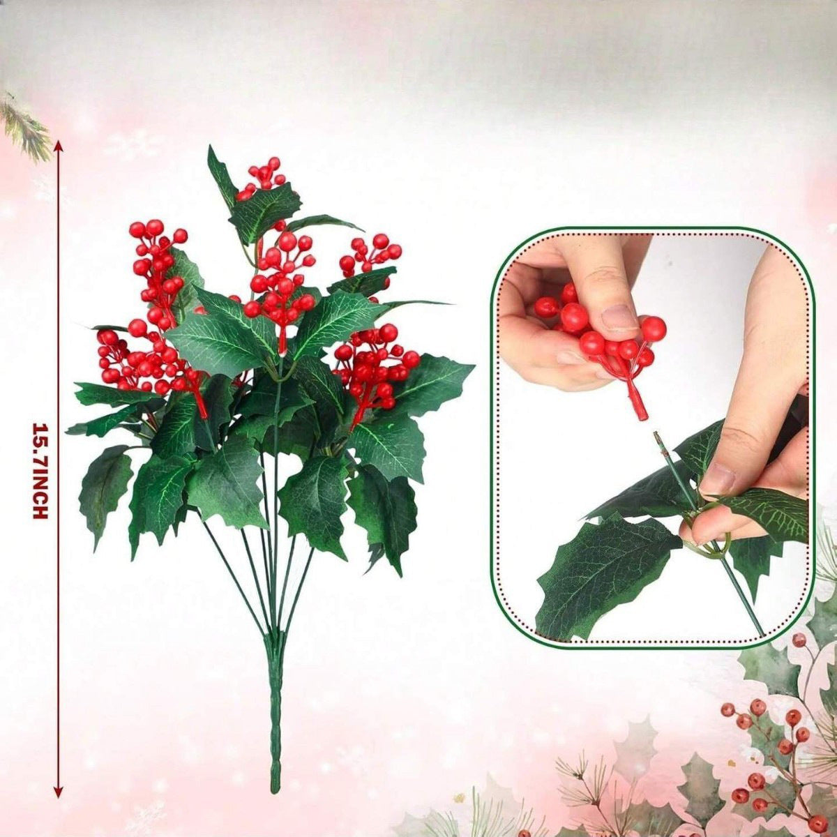 Artificial Christmas Berry Stem, 16" Silk Holiday Decoration, Festive Home Decor, Christmas Tree Ornament