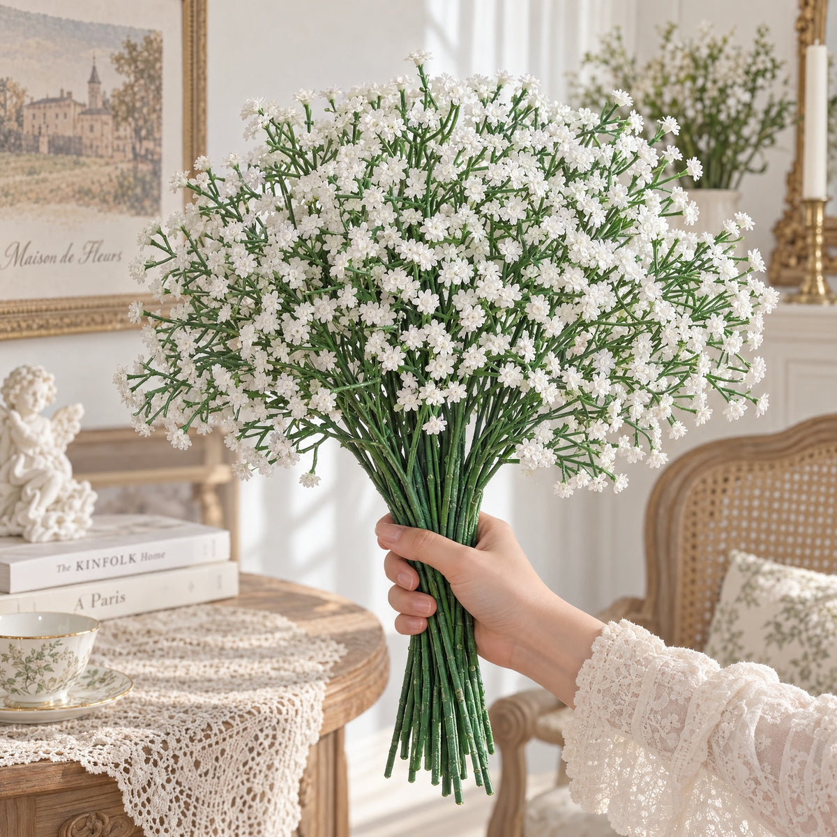 Set of 10 Artificial Baby's Breath Stems, Single Stem with Gypsophila, 11" Long, White & Sky Blue, Wedding Arch Decor, Home & Event Styling