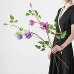 Artificial Clematis Leaf Stem, 35" Tall, Silk Floral Single Stem with 3 Blooms, Perfect for Home Decor, Hotel Displays, and Window Styling