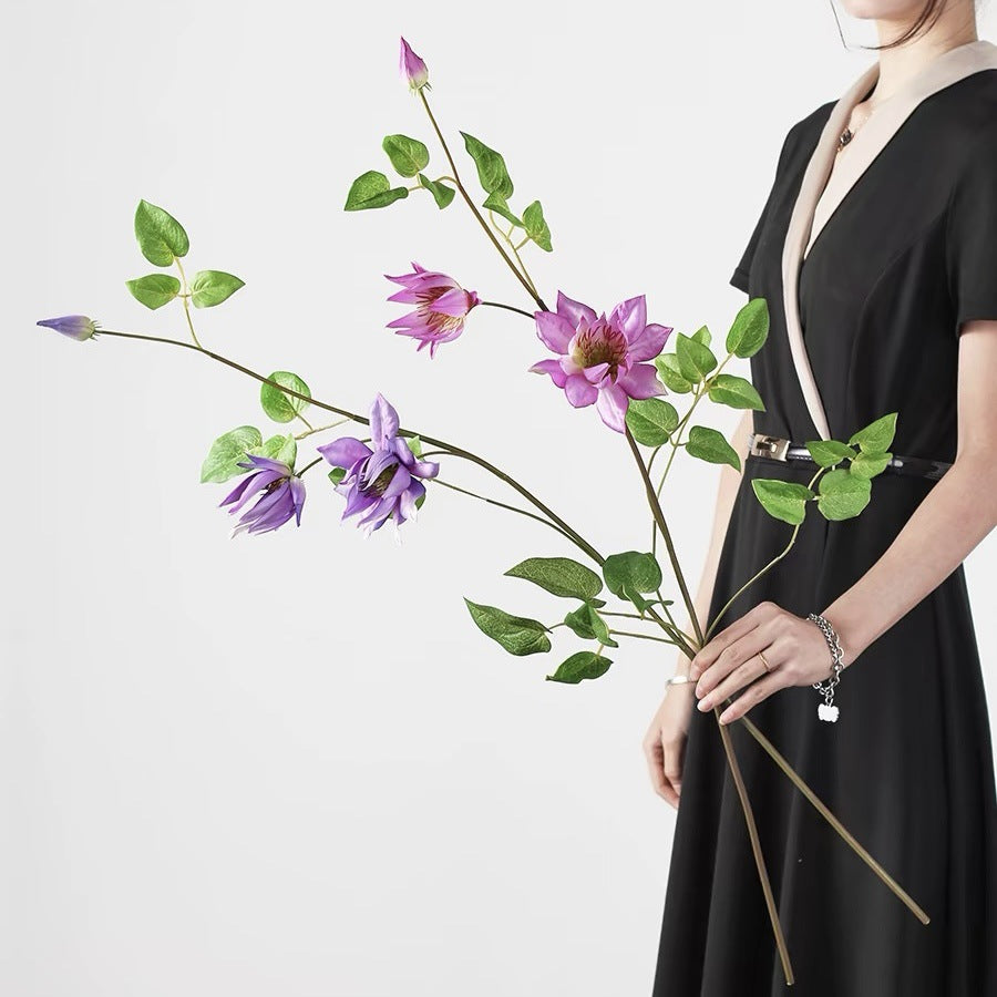 Artificial Clematis Leaf Stem, 35" Tall, Silk Floral Single Stem with 3 Blooms, Perfect for Home Decor, Hotel Displays, and Window Styling