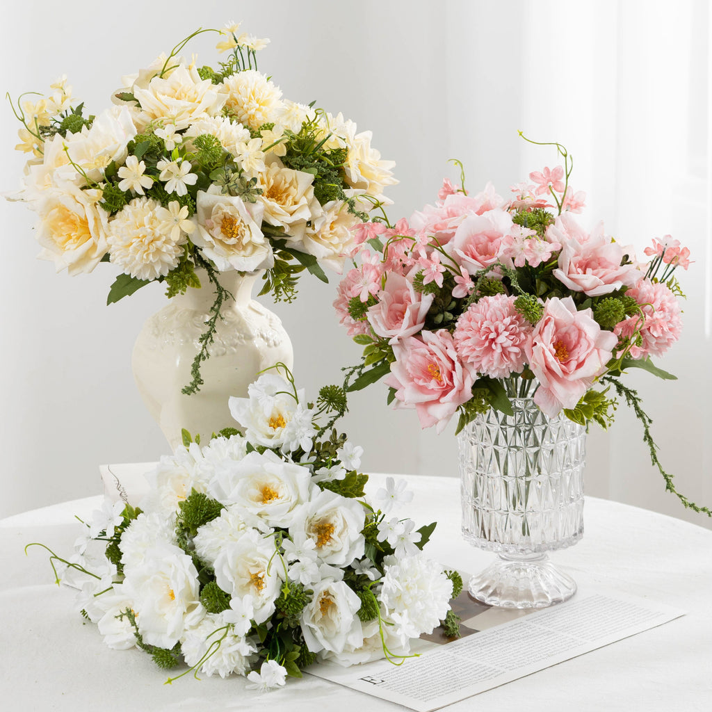 Artificial Rose & Chrysanthemum Bush, 11" Realistic Fake Flower Arrangement for Weddings, Home Decor, Centerpieces