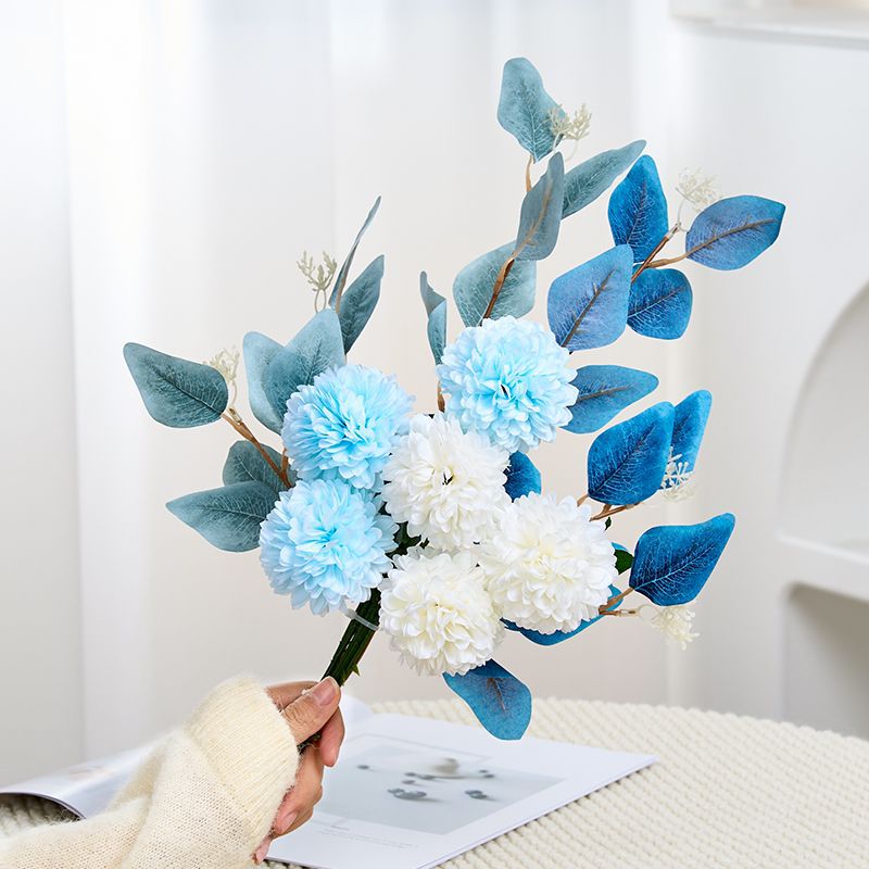 18" Artificial Bouquet of Ping Pong Chrysanthemums and Eucalyptus, Light Luxury Style, Perfect for Home Decor, Desk or Tabletop Arrangements