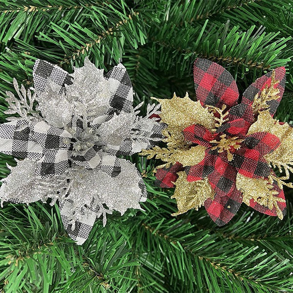 Christmas Poinsettia Artificial Flower, 5.5" Loose Floral Head for Holiday Decor, Red & Silver Options, Festive Tabletop or Tree Decoration