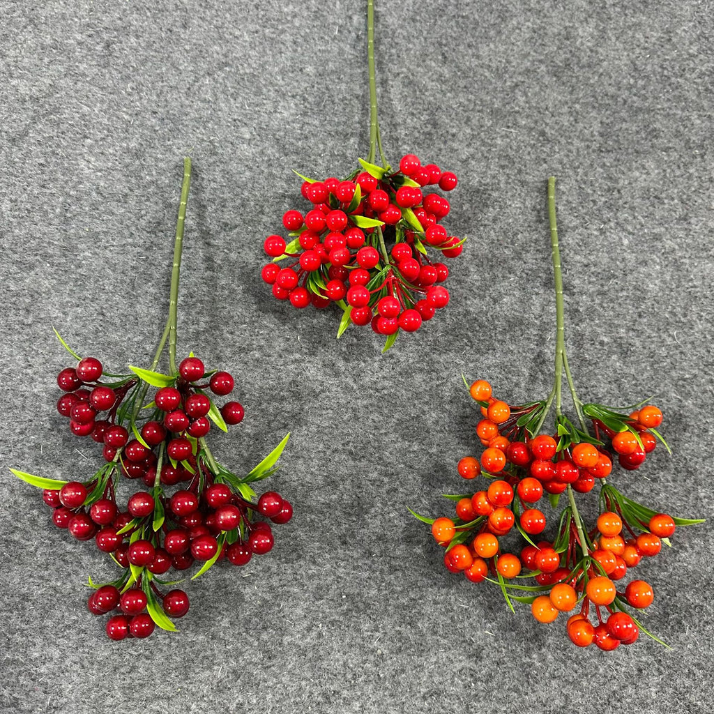 Artificial Lucky Berry Stems, 3-Prong Plastic Holiday Decor, 14" Tall, Christmas, Festive, Home, Office, Commercial Display