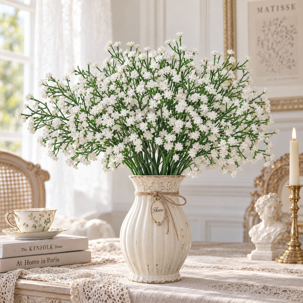 Set of 10 Artificial Baby's Breath Stems, Single Stem with Gypsophila, 11" Long, White & Sky Blue, Wedding Arch Decor, Home & Event Styling