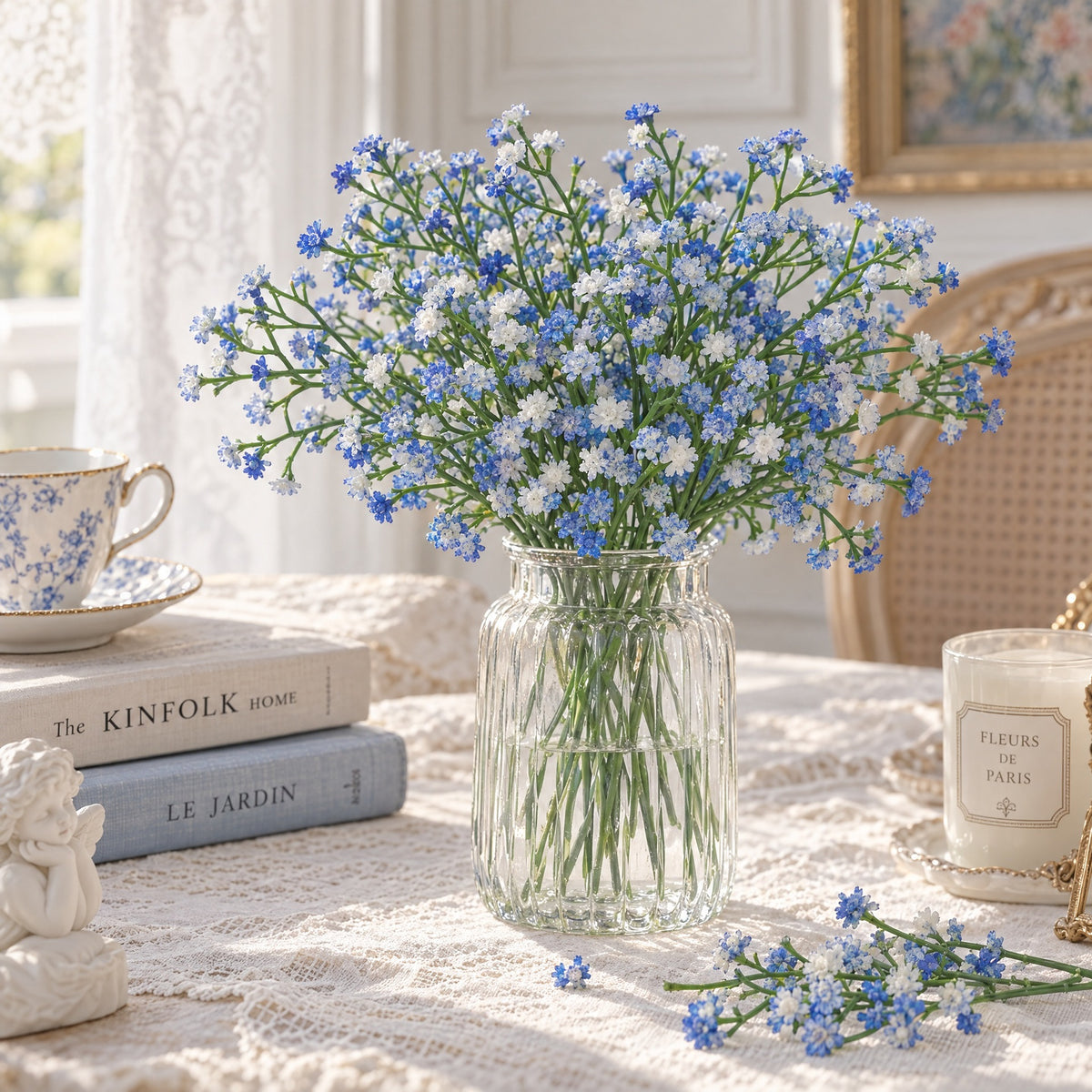 Set of 10 Artificial Baby's Breath Stems, Single Stem with Gypsophila, 11" Long, White & Sky Blue, Wedding Arch Decor, Home & Event Styling