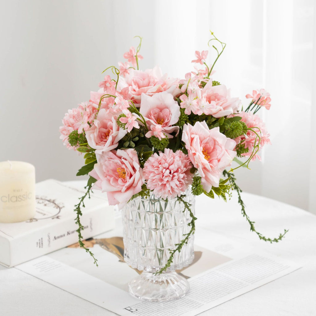 Artificial Rose & Chrysanthemum Bush, 11" Realistic Fake Flower Arrangement for Weddings, Home Decor, Centerpieces
