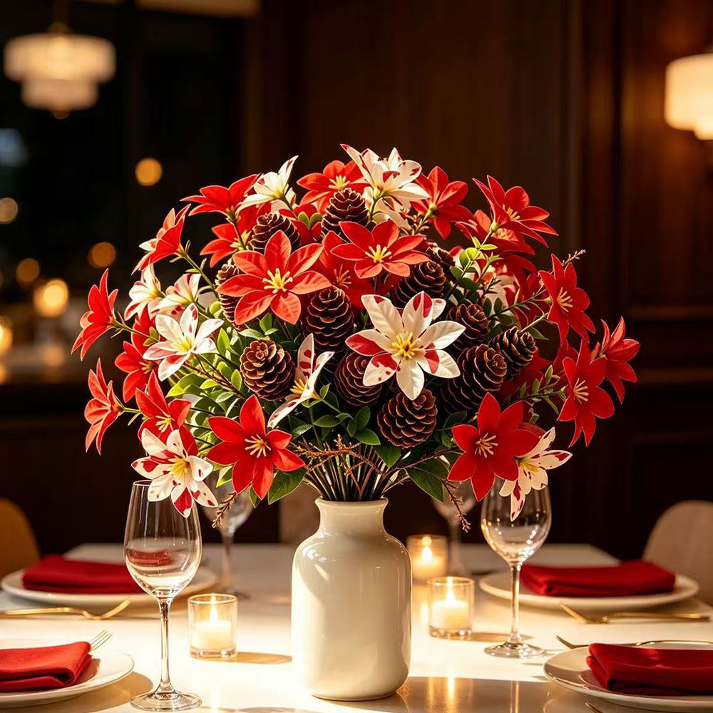 Artificial Poinsettia Eucalyptus Stems, Set of 10 Single Stems for Christmas & Home Decor, Indoor/Outdoor Use, 12" (30cm)