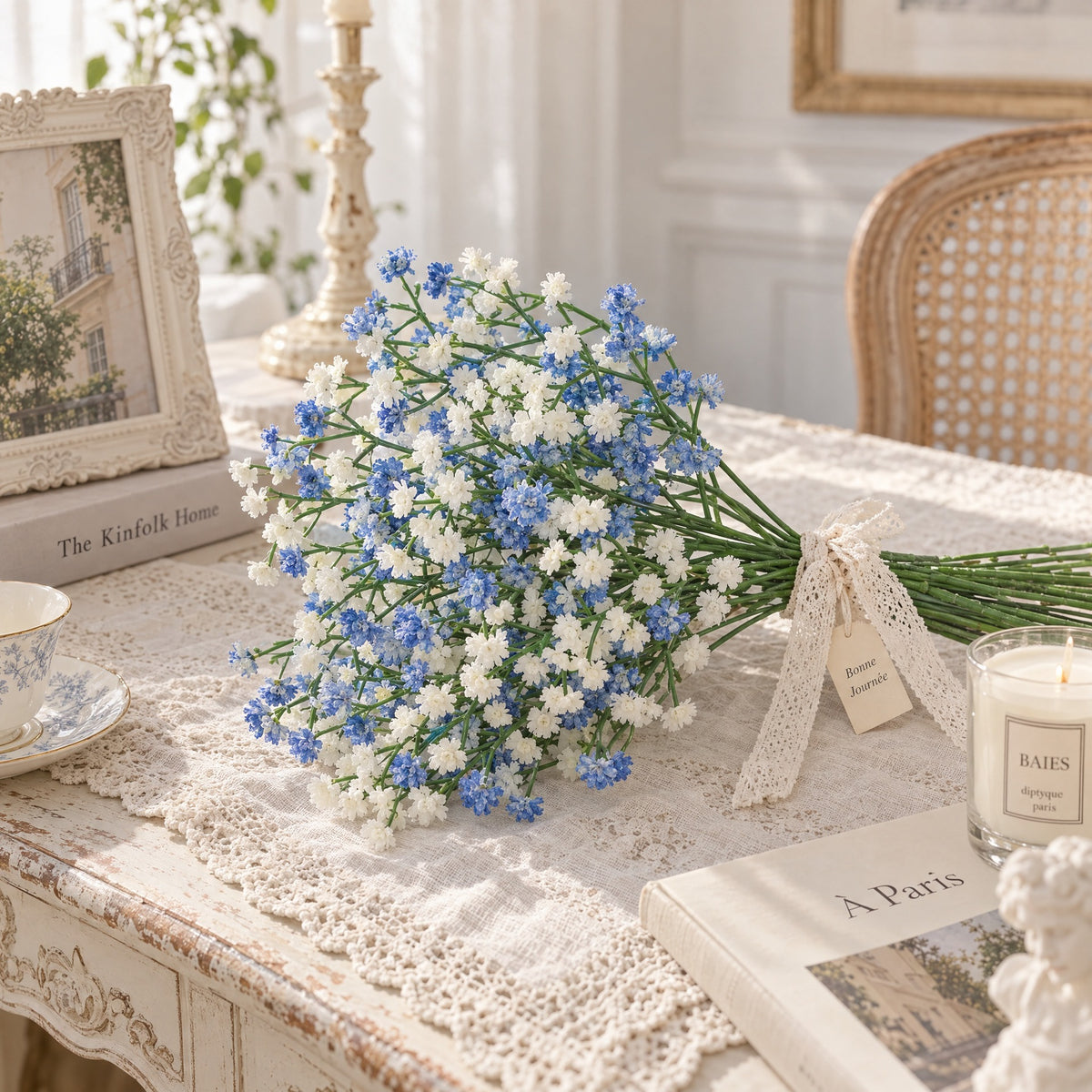 Set of 10 Artificial Baby's Breath Stems, Single Stem with Gypsophila, 11" Long, White & Sky Blue, Wedding Arch Decor, Home & Event Styling