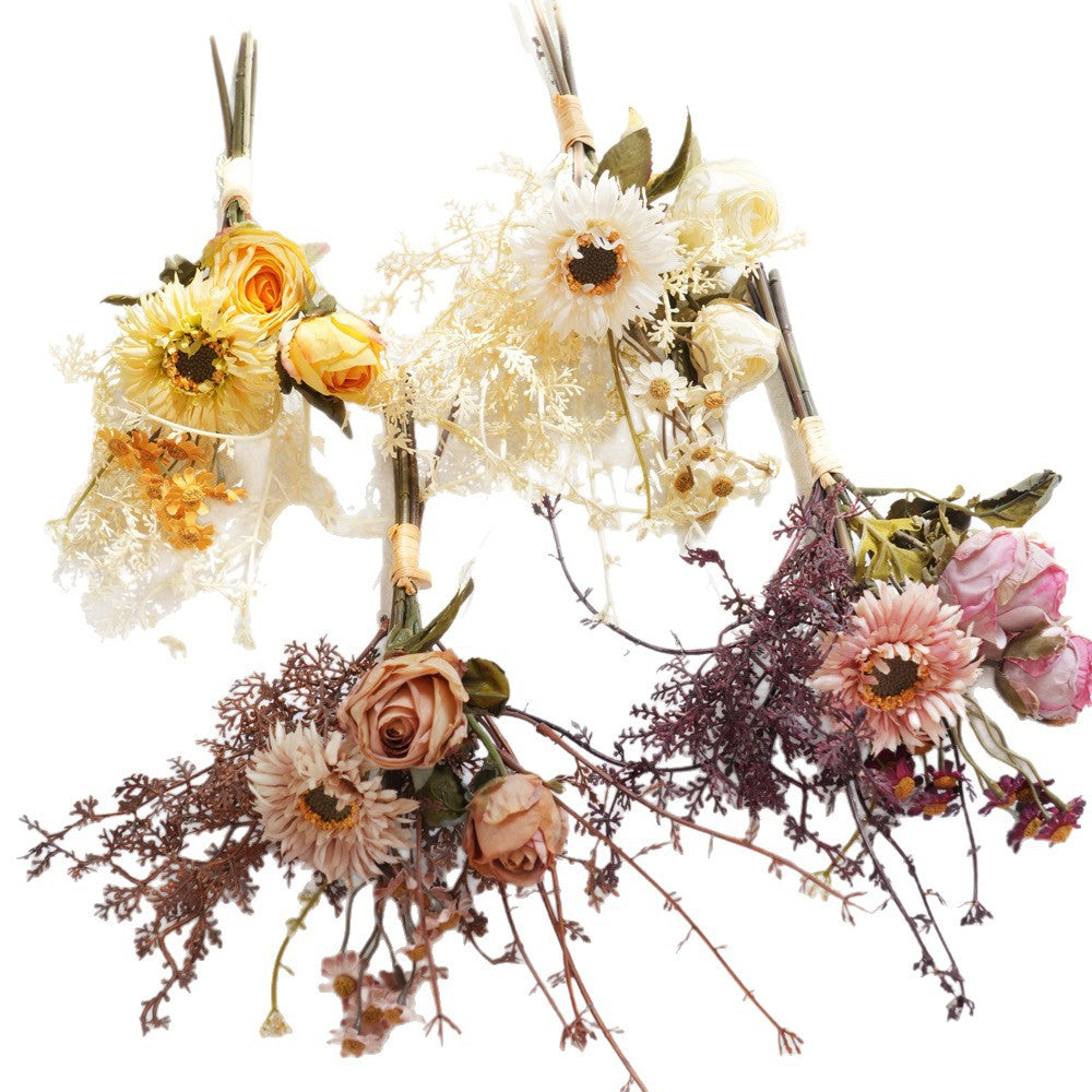 13" Artificial Silk Flower Bouquet, Vintage-Style Roses & Daisies with Hydrangea, Home Decor Centerpiece, Tabletop Arrangement, Gift Bundle (No Vase Included)