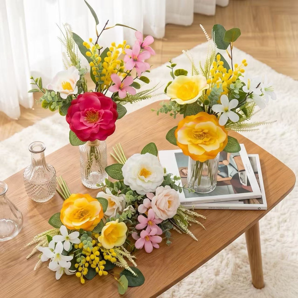 Artificial Camellia Bouquet, 18" Silk Flower Arrangement, Set of 6 Realistic Blooms for Home Decor, Table Centerpiece, Wedding, Ins Style
