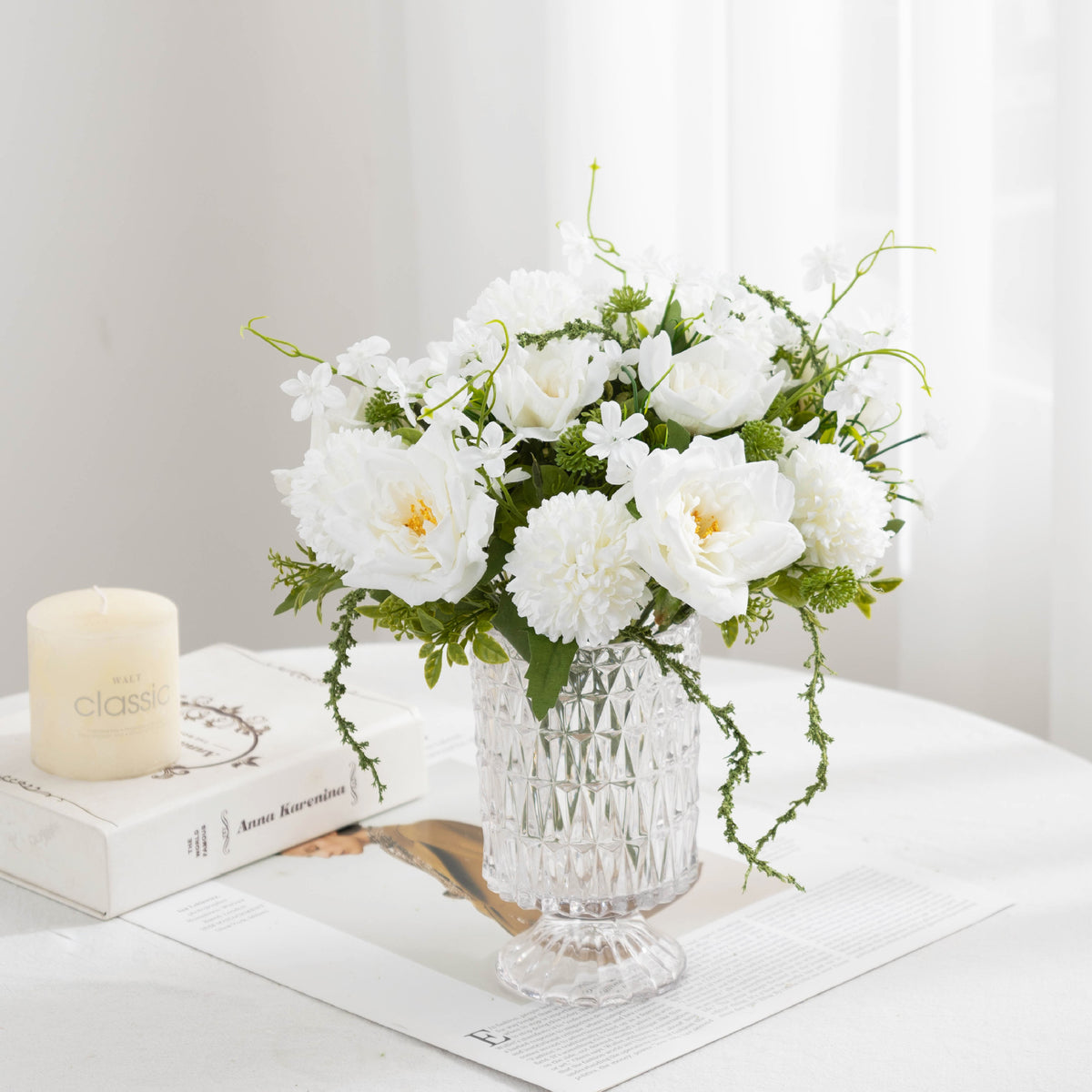 Artificial Rose & Chrysanthemum Bush, 11" Realistic Fake Flower Arrangement for Weddings, Home Decor, Centerpieces