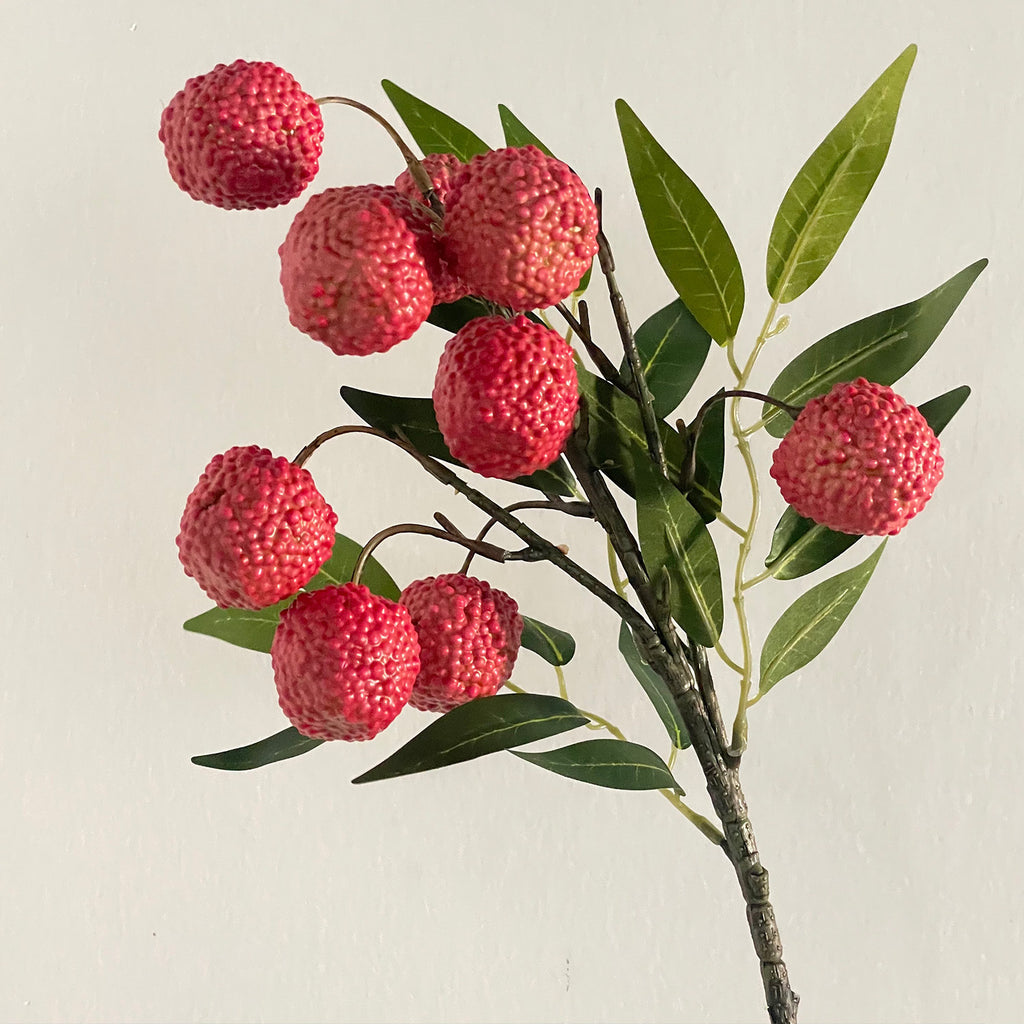 Artificial Litchi Fruit Branches, Faux Foam Lychee Decor, 18" Bush with 9 Fruits, Realistic Table Centerpiece for Home, Hotel & Holiday Displays